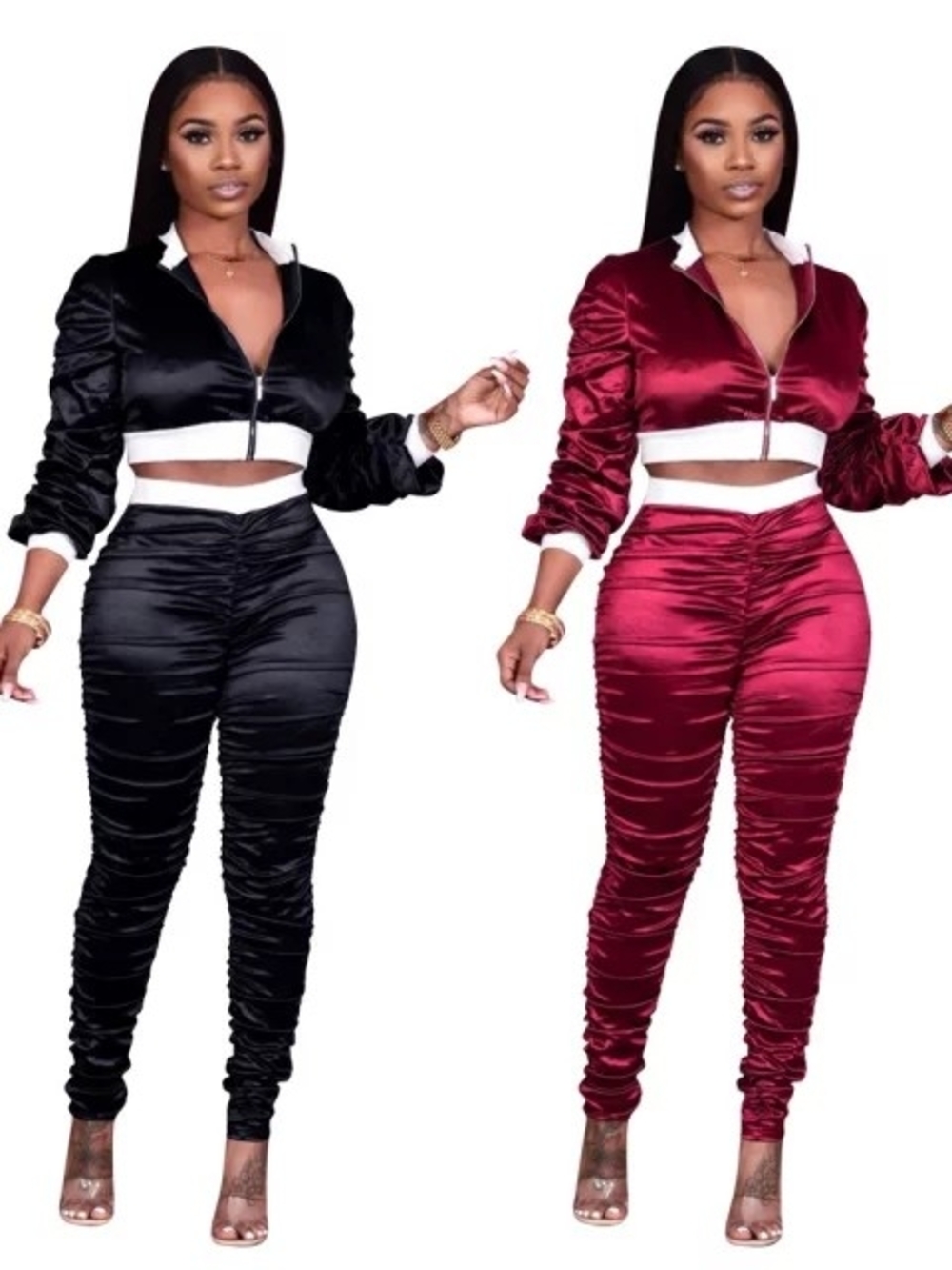 Satin Ruched Zip-Front Crop Jacket & High-Waist Joggers Set - Black / Burgundy